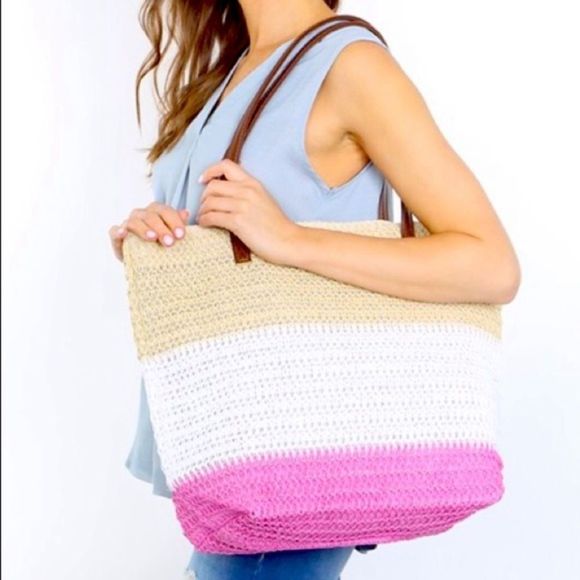 054 🌸Color Block Raffia Summer Tone Tote Bag W/ Leather Straps - Picture 1 of 4
